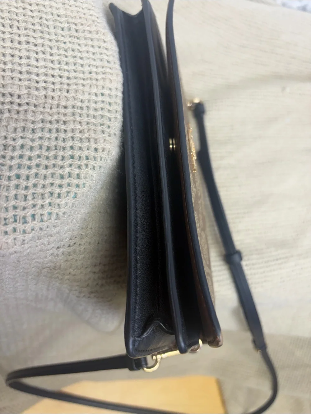 Coach Brown Signature Canvas Crossbody with Black Strap leather interior
